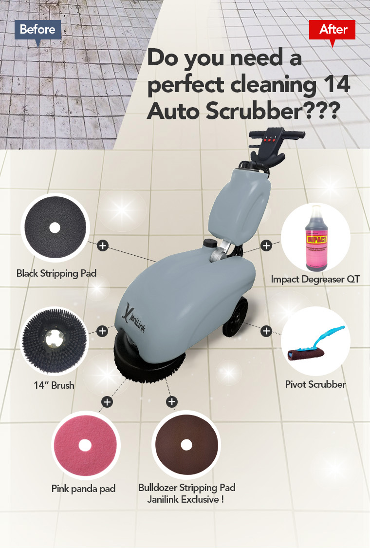 14 Auto Scrubber, Black Stripping Pad, Impact Degreaser QT, Pivot Scrubber, Bulldozer Stripping Pad Janilink Exclusive, Pink panda pad.